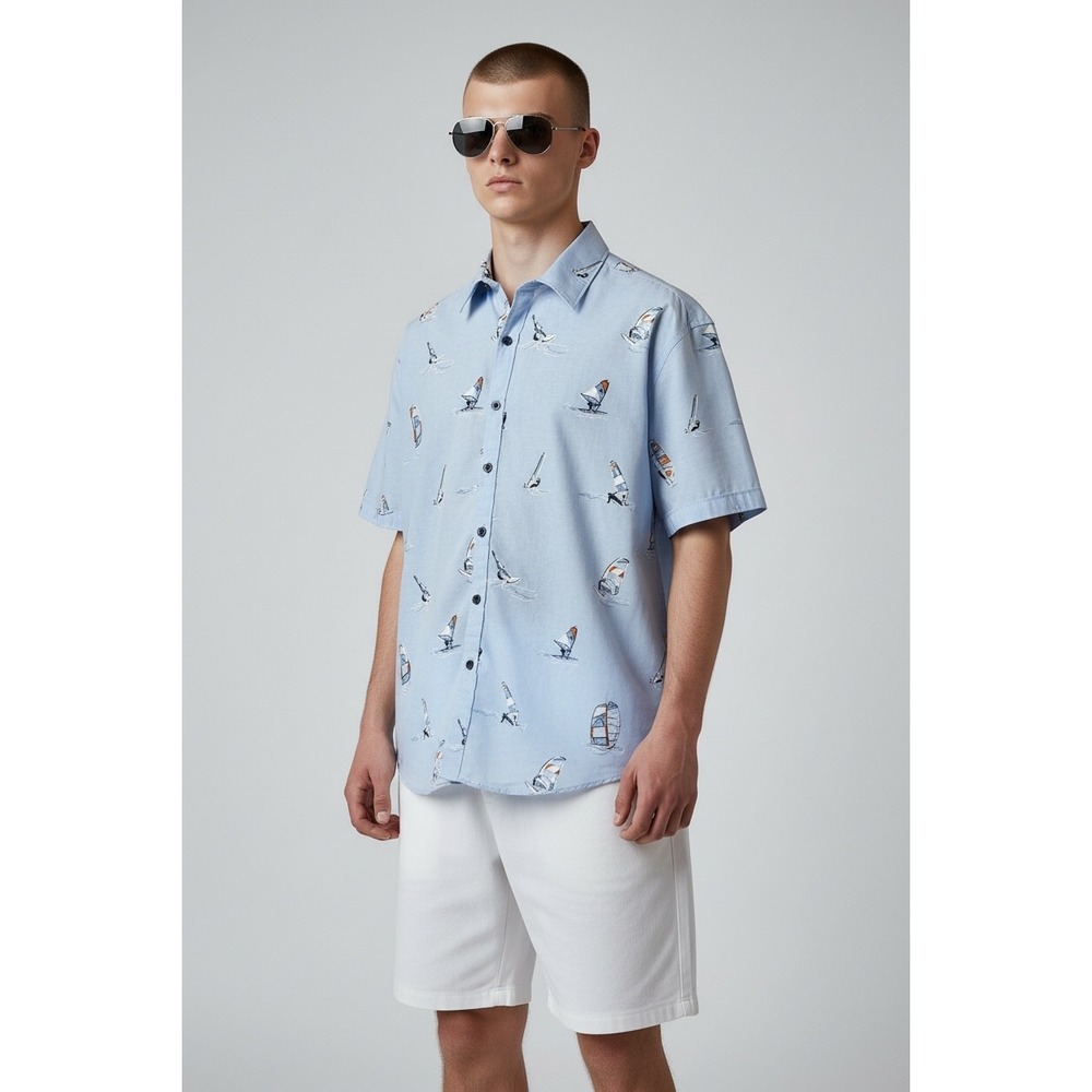 Point Zero Men Blue Windsurfing Print Short Sleeve Button Down Shirt Size XL